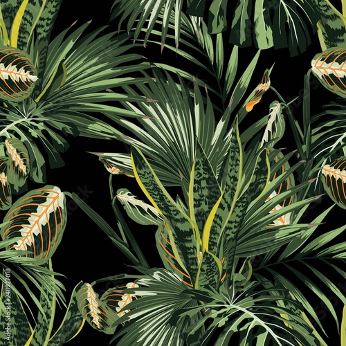 Floral fashion tropic wallpaper with palm leaves and exotic plants on black background. Print Hawaii jungle seamless pattern.