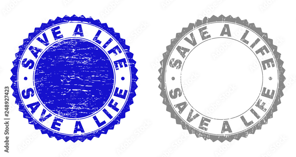 Grunge SAVE A LIFE stamp seals isolated on a white background. Rosette seals with distress texture in blue and gray colors. Vector rubber stamp imprint of SAVE A LIFE caption inside round rosette. Grunge SAVE A LIFE stamp seals isolated on a white background. Rosette seals with distress texture in blue and gray colors. Vector rubber stamp imprint of SAVE A LIFE caption inside round rosette.