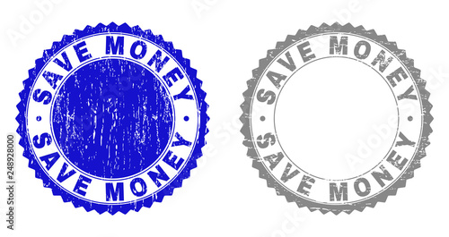 Grunge SAVE MONEY stamp seals isolated on a white background. Rosette seals with grunge texture in blue and gray colors. Vector rubber overlay of SAVE MONEY tag inside round rosette.