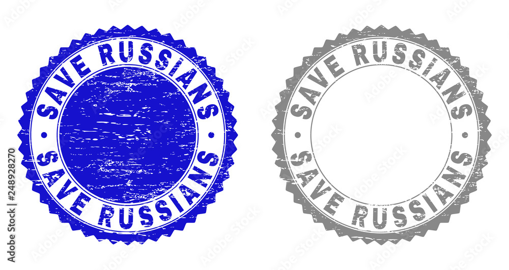 Grunge SAVE RUSSIANS stamp seals isolated on a white background. Rosette seals with grunge texture in blue and gray colors. Vector rubber stamp imprint of SAVE RUSSIANS label inside round rosette.