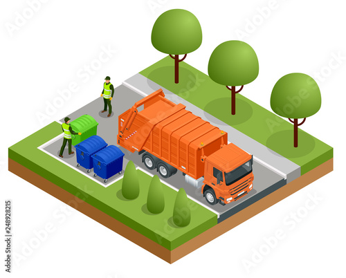 Isometric Garbage Truck or Recycle Truck in City. Garbage Recycling and Utilization Equipment. City waste recycling concept with garbage truck. Vector illustration
