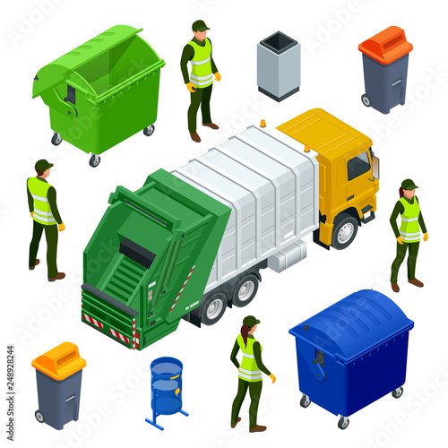 Isometric Garbage Truck or Recycle Truck in City. Garbage Recycling and Utilization Equipment. City waste recycling concept with garbage truck. Vector illustration