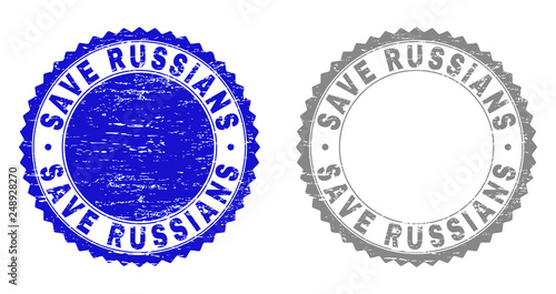 Grunge SAVE RUSSIANS stamp seals isolated on a white background. Rosette seals with grunge texture in blue and gray colors. Vector rubber stamp imprint of SAVE RUSSIANS label inside round rosette.