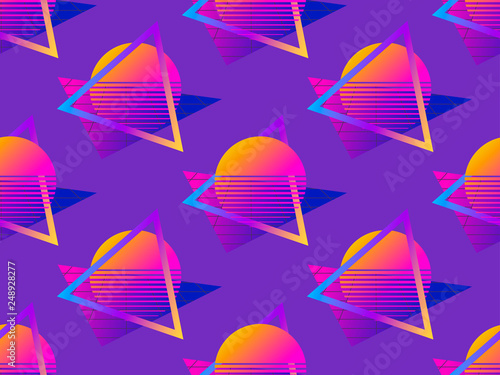 Futuristic seamless pattern. Gradient sun retro background 1980s style. Retrowave. Vector illustration