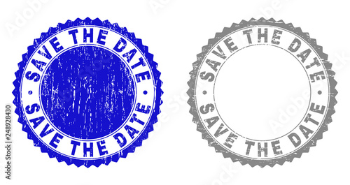 Grunge SAVE THE DATE stamp seals isolated on a white background. Rosette seals with grunge texture in blue and gray colors. Vector rubber stamp imprint of SAVE THE DATE tag inside round rosette.
