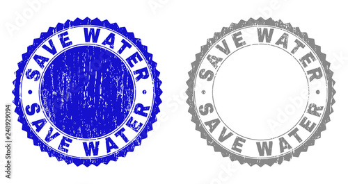 Grunge SAVE WATER stamp seals isolated on a white background. Rosette seals with grunge texture in blue and grey colors. Vector rubber stamp imprint of SAVE WATER text inside round rosette.