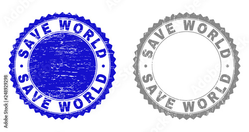 Grunge SAVE WORLD stamp seals isolated on a white background. Rosette seals with distress texture in blue and gray colors. Vector rubber stamp imprint of SAVE WORLD caption inside round rosette.
