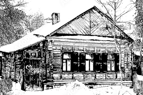 seamless texture, village house with three windows, monochrome