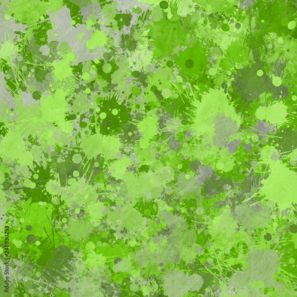 Green paint splatter effect texture on gray paper background. Artistic backdrop. Different paint drops. Green paint splatter effect texture on gray paper background. Artistic backdrop. Different paint drops.