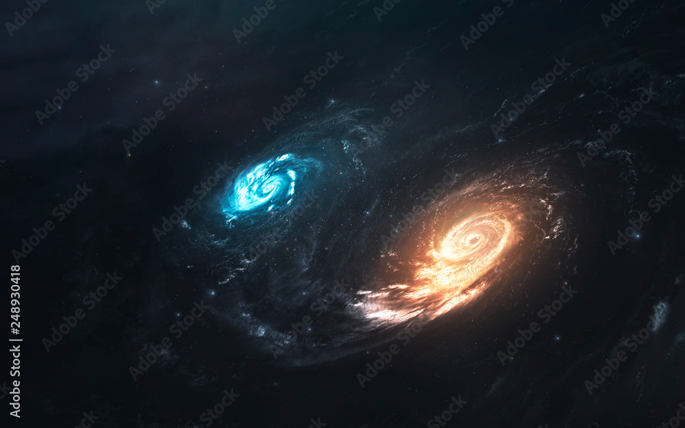 Double galaxy, cluster of stars in deep space. Science fiction art. Elements of this image furnished by NASA