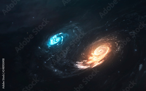 Double galaxy, cluster of stars in deep space. Science fiction art. Elements of this image furnished by NASA © Vadimsadovski