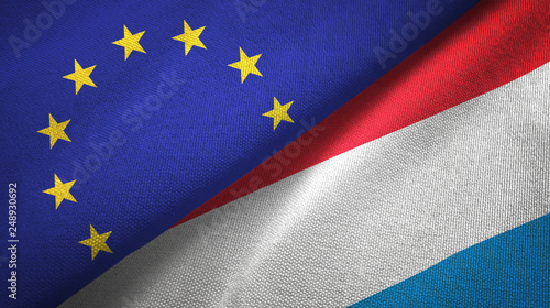European Union and Luxembourg two flags textile cloth, fabric texture