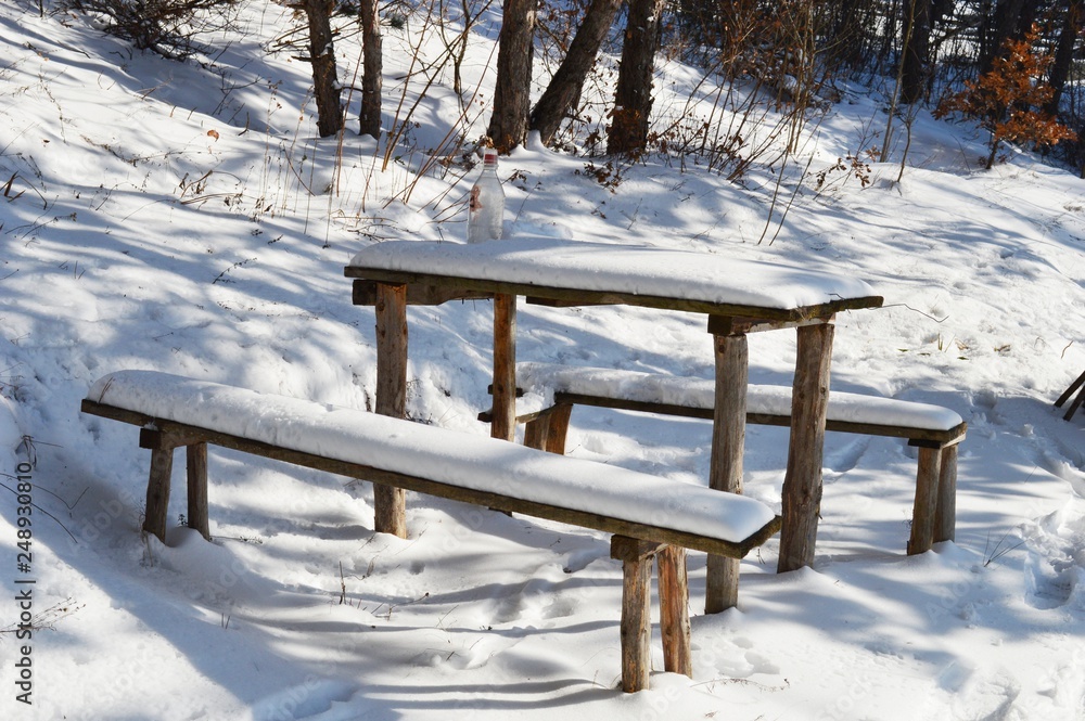 bench and table in the snow