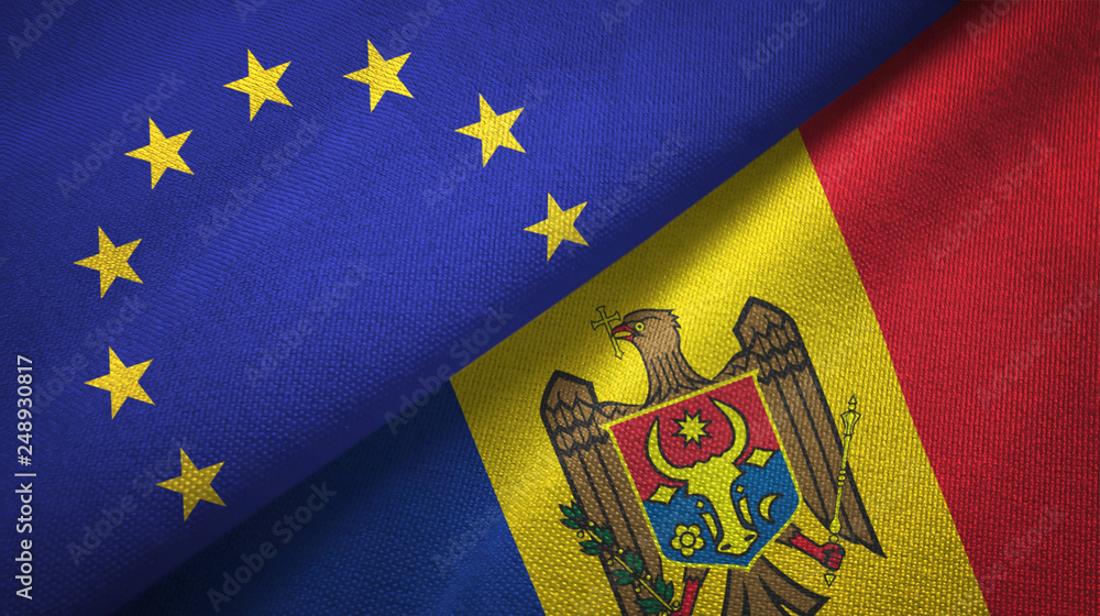 European Union and Moldova two flags textile cloth, fabric texture European Union and Moldova two flags textile cloth, fabric texture