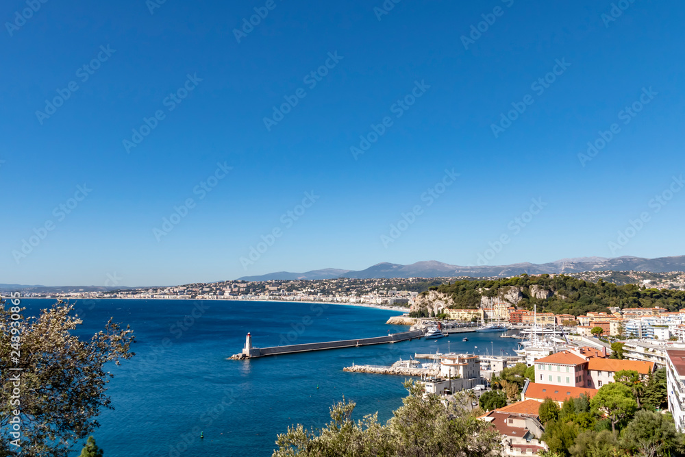 View from a mountainside over a bay of Nice, France.