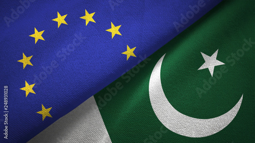 European Union and Pakistan two flags textile cloth, fabric texture