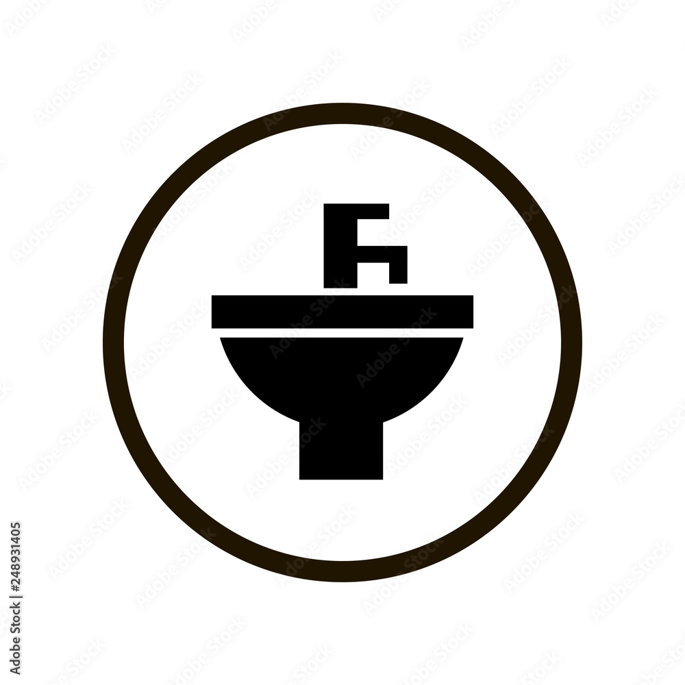 Simple toilet sign with black washbasin and water tap in circle isolated on white background Simple toilet sign with black washbasin and water tap in circle isolated on white background