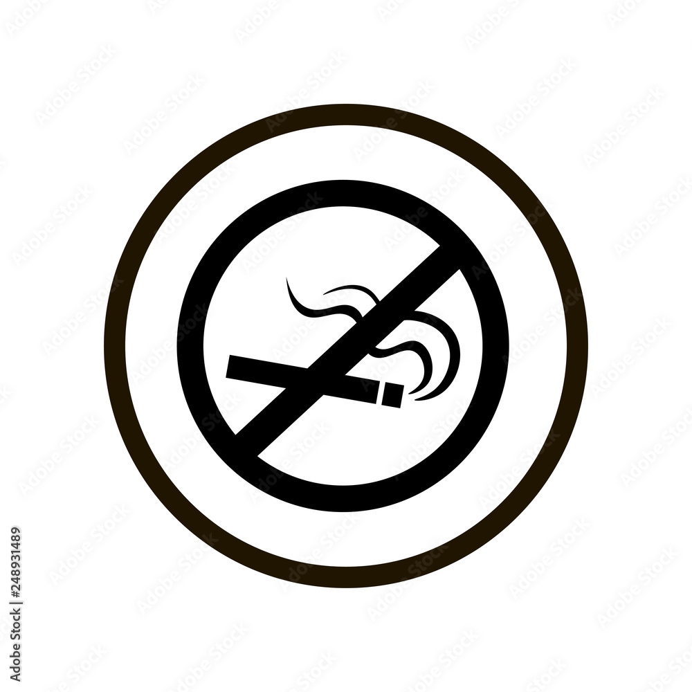 Simple toilet or restroom sign with crossed out smoking cigarette in a double black circle isolated on white background. Simple toilet or restroom sign with crossed out smoking cigarette in a double black circle isolated on white background.
