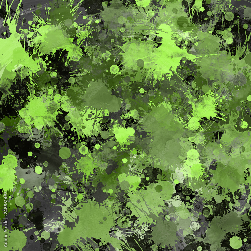 Green paint splatter effect texture on gray paper background. Artistic
