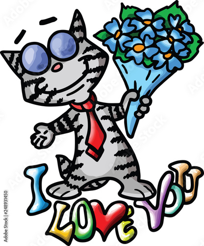 Cartoon cat saying i love you in the cutest way holding a bouquet of flowers vector illustration valentine's day, February 14
