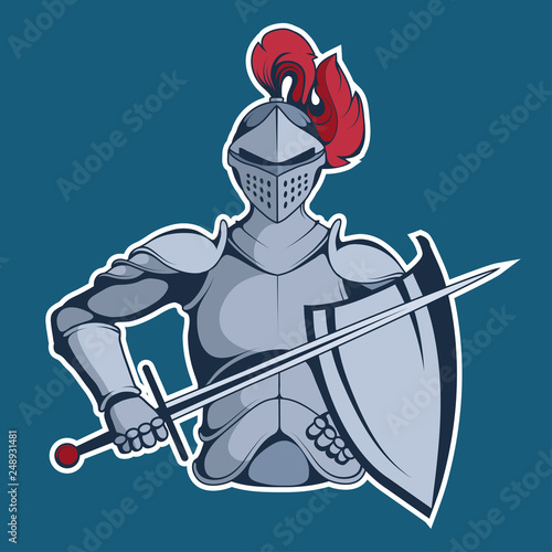 Knight Mascot Graphic, knight warrior in armor and with a sword in his hand, suitable as logo for team mascot, vector graphic to design