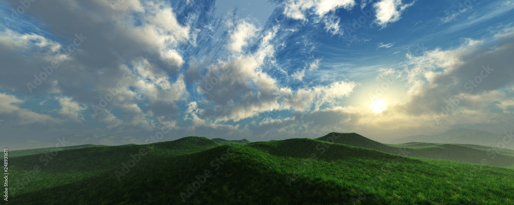 Green hills under the setting sun in the clouds, panorama of the hilly landscape, beautiful sunset over the green hills,