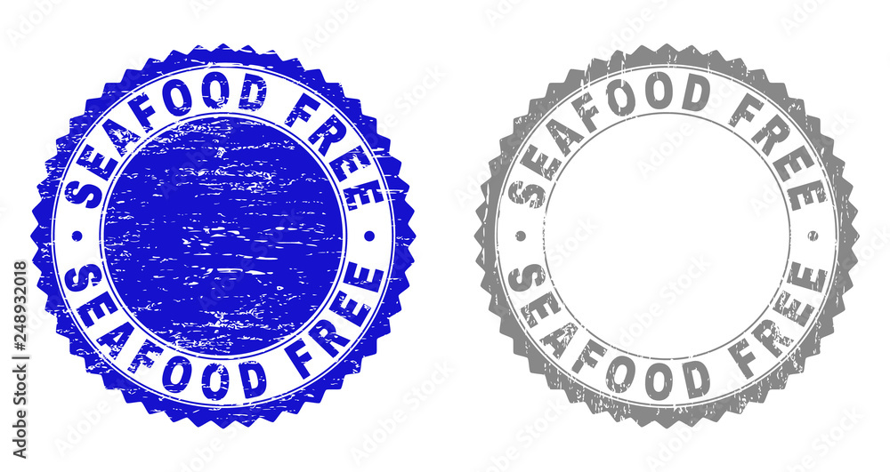 Grunge SEAFOOD FREE watermarks isolated on a white background. Rosette seals with grunge texture in blue and grey colors. Vector rubber stamp imitation of SEAFOOD FREE label inside round rosette.