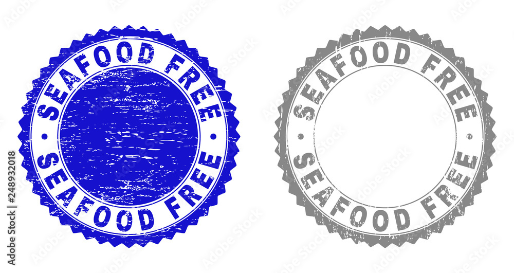 Obraz premium Grunge SEAFOOD FREE watermarks isolated on a white background. Rosette seals with grunge texture in blue and grey colors. Vector rubber stamp imitation of SEAFOOD FREE label inside round rosette.