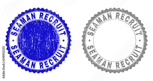 Grunge SEAMAN RECRUIT stamp seals isolated on a white background. Rosette seals with grunge texture in blue and grey colors. Vector rubber watermark of SEAMAN RECRUIT title inside round rosette.