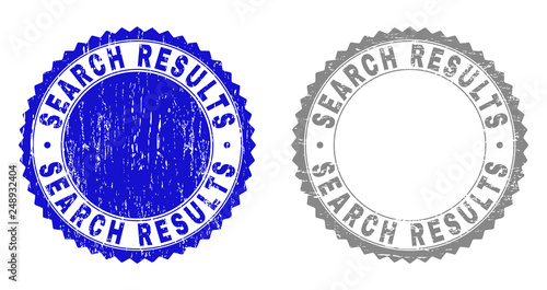 Grunge SEARCH RESULTS stamp seals isolated on a white background. Rosette seals with grunge texture in blue and grey colors. Vector rubber stamp imprint of SEARCH RESULTS text inside round rosette.