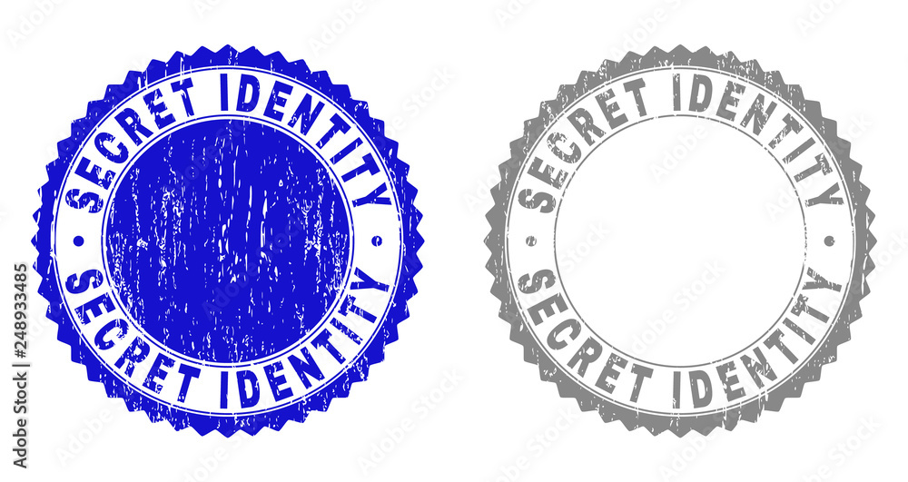 Obraz premium Grunge SECRET IDENTITY stamp seals isolated on a white background. Rosette seals with distress texture in blue and gray colors.