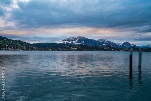 Colorful winter landscape in port of Luzern
