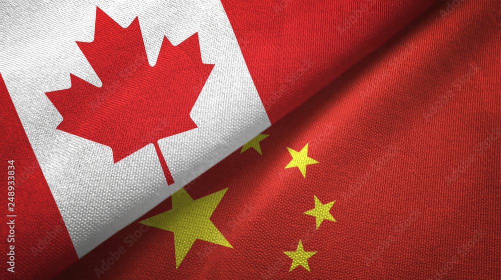 Canada and China two flags textile cloth, fabric texture Canada and China two flags textile cloth, fabric texture