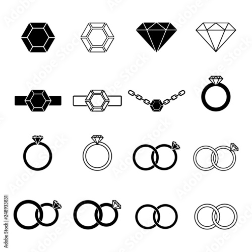 Set of jewelry icons. Solitaire diamond or other gem, rings, chain with precious pendant. Vector Illustration