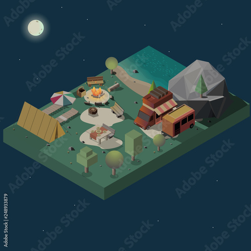 Overnight stay at campsite on river or wild lake shore cross section isometric vector. Camping trailer and van, tourist tent, campfire and dinner table low poly illustration. Outdoor recreation scene