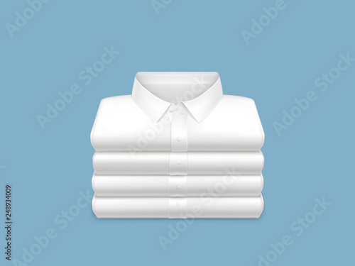 Washed, clean, ironed and folded in stack white shirts 3d realistic vector on blue background. Unisex casual, everyday clothing icon. Housekeeping concept, shopping sale, detergent ad design element