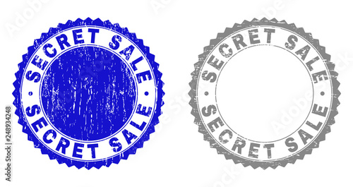 Grunge SECRET SALE stamp seals isolated on a white background. Rosette seals with distress texture in blue and grey colors. Vector rubber stamp imprint of SECRET SALE tag inside round rosette.