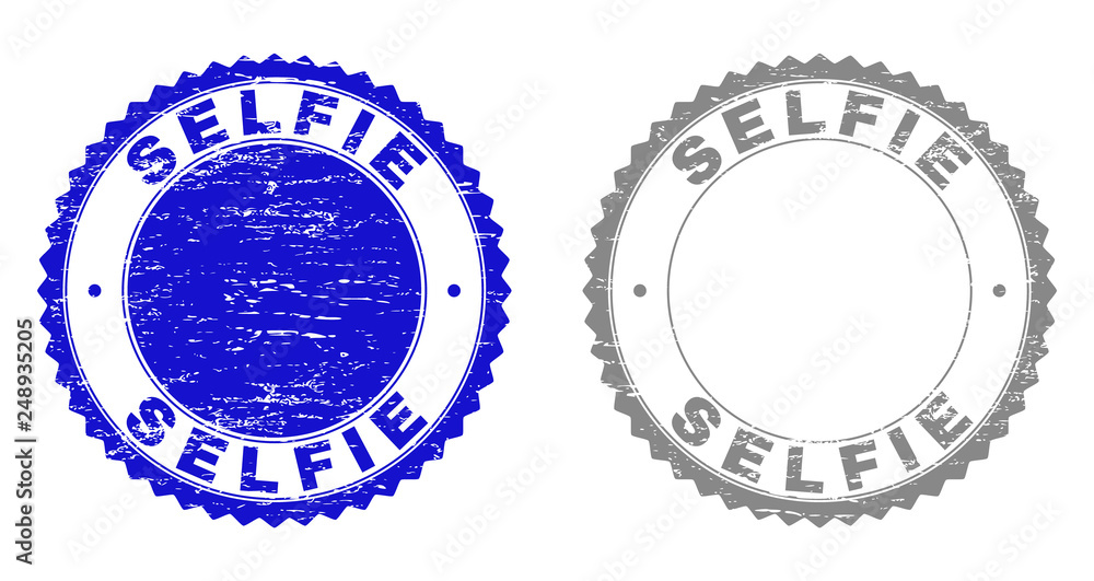 Obraz premium Grunge SELFIE stamp seals isolated on a white background. Rosette seals with grunge texture in blue and grey colors. Vector rubber stamp imitation of SELFIE text inside round rosette.