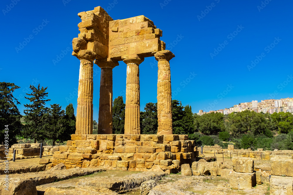 Ancient doric architecture of Ruins of Acropolis Temple in Valley of the Temples in Agrigento, Sicily.