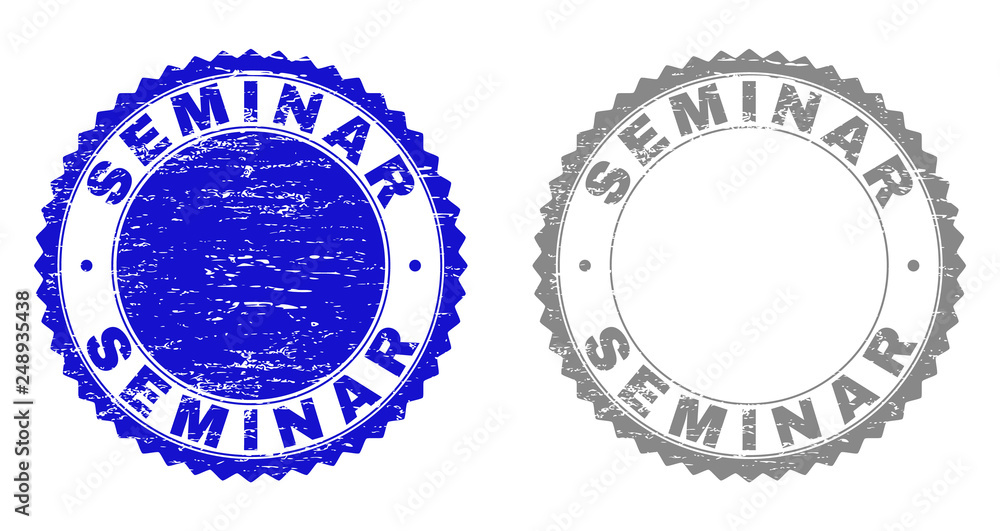 Grunge SEMINAR stamp seals isolated on a white background. Rosette seals with grunge texture in blue and gray colors. Vector rubber stamp imprint of SEMINAR caption inside round rosette.