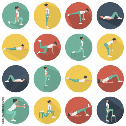 Modern flat icons vector set with long shadow effect in stylish colors of glute exercises and workouts. Circle vector icons of glute exercises