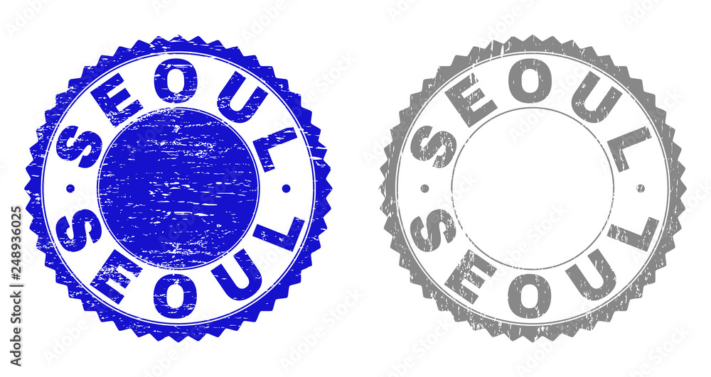 Grunge SEOUL watermarks isolated on a white background. Rosette seals with grunge texture in blue and grey colors. Vector rubber stamp imprint of SEOUL label inside round rosette. Grunge SEOUL watermarks isolated on a white background. Rosette seals with grunge texture in blue and grey colors. Vector rubber stamp imprint of SEOUL label inside round rosette.