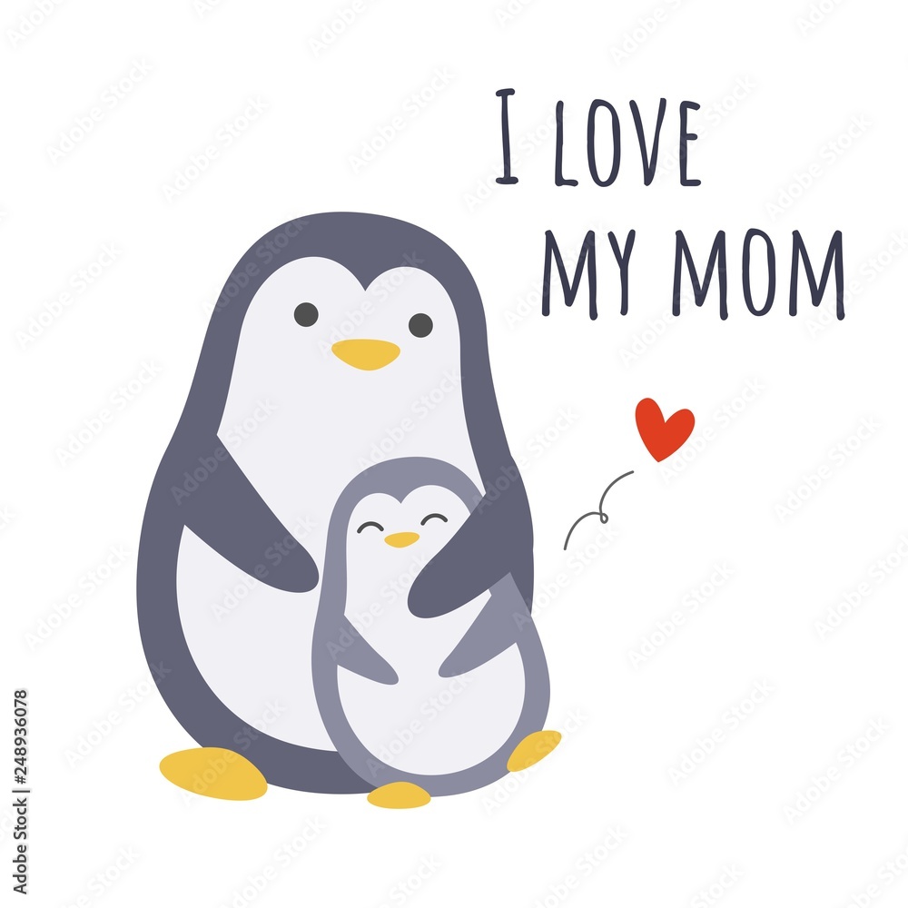 Naklejka premium I love my mom. Cute penguin family, mother and child. Vector illustration.