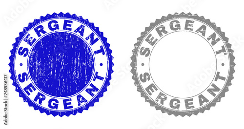Grunge SERGEANT stamp seals isolated on a white background. Rosette seals with distress texture in blue and grey colors. Vector rubber stamp imprint of SERGEANT label inside round rosette.