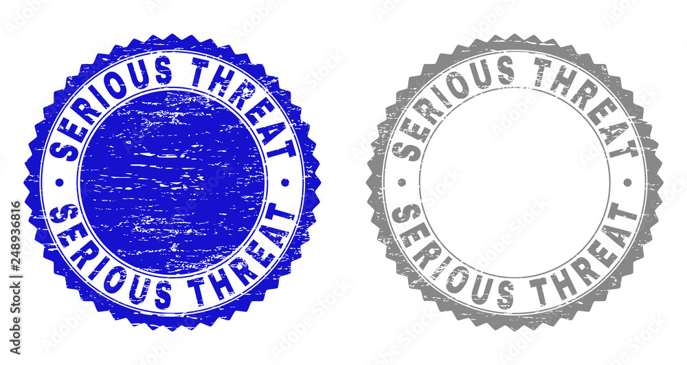 Obraz premium Grunge SERIOUS THREAT stamp seals isolated on a white background. Rosette seals with grunge texture in blue and gray colors. Vector rubber overlay of SERIOUS THREAT text inside round rosette.