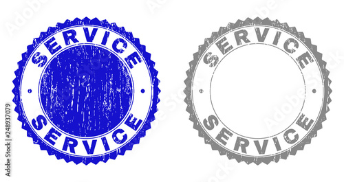 Grunge SERVICE stamp seals isolated on a white background. Rosette seals with distress texture in blue and gray colors. Vector rubber stamp imprint of SERVICE title inside round rosette.