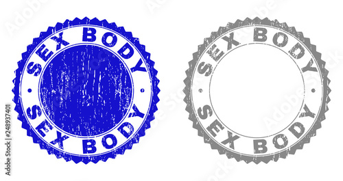 Grunge SEX BODY stamp seals isolated on a white background. Rosette seals with grunge texture in blue and gray colors. Vector rubber stamp imitation of SEX BODY text inside round rosette.