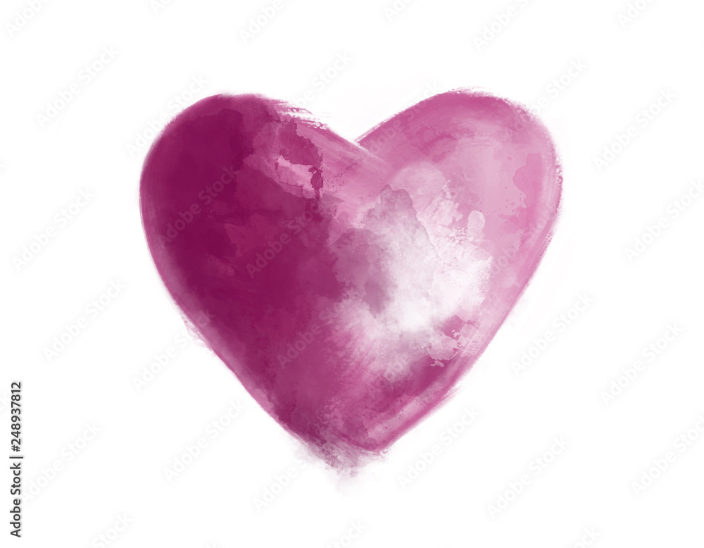 Watercolor dark pink heart in white background