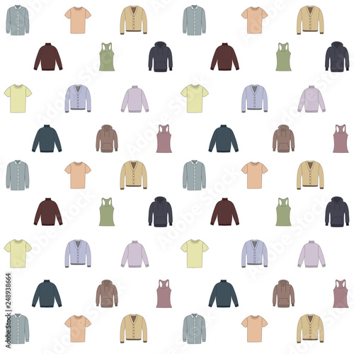 Seamless background with tops in cartoon style. Spring, summer and autumn collection of fashion man and women clothing. Color vector pattern