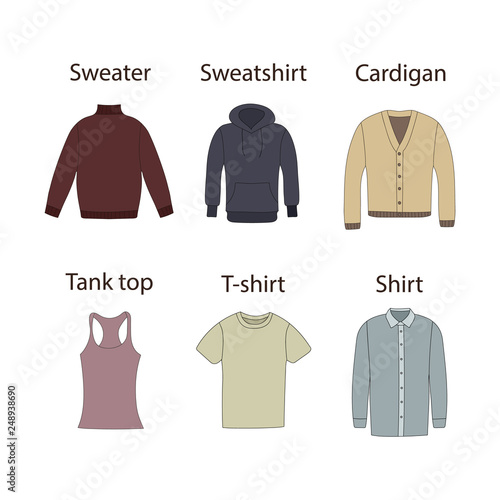 Top colorful icons in cartoon style. Spring, summer and autumn collection of fashion man and women clothing. Vector illustartion